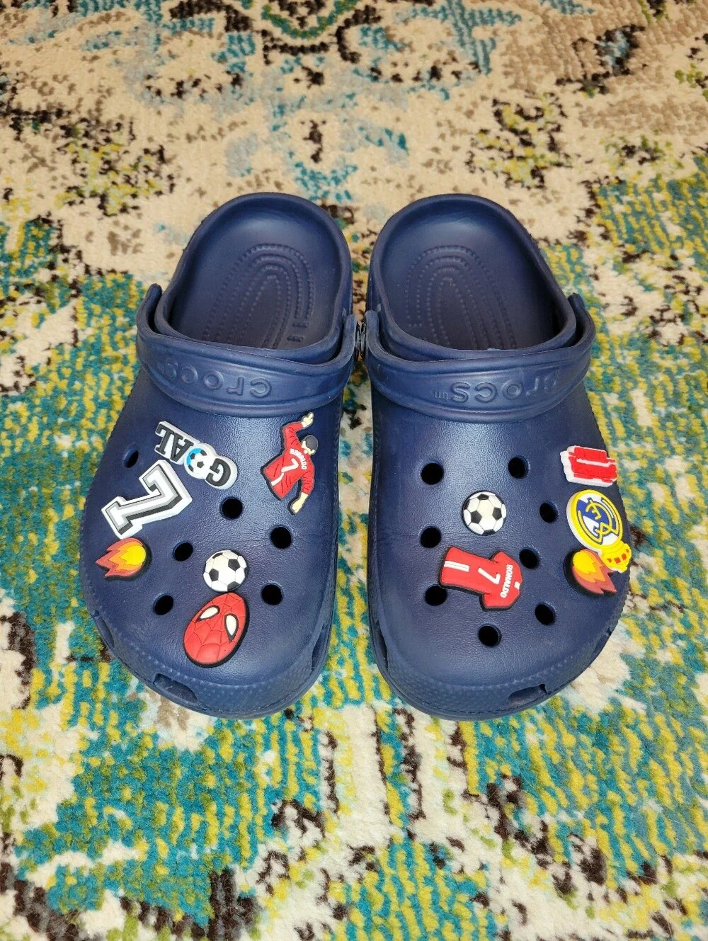 Crocs Navy Blue With Multiple Jibbitz Charms, Size Youth 3